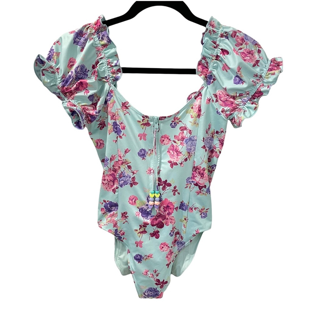LoveShackFancy Fantasia One Piece Turquoise Skies Floral Ruffle Swimsuit Size XS